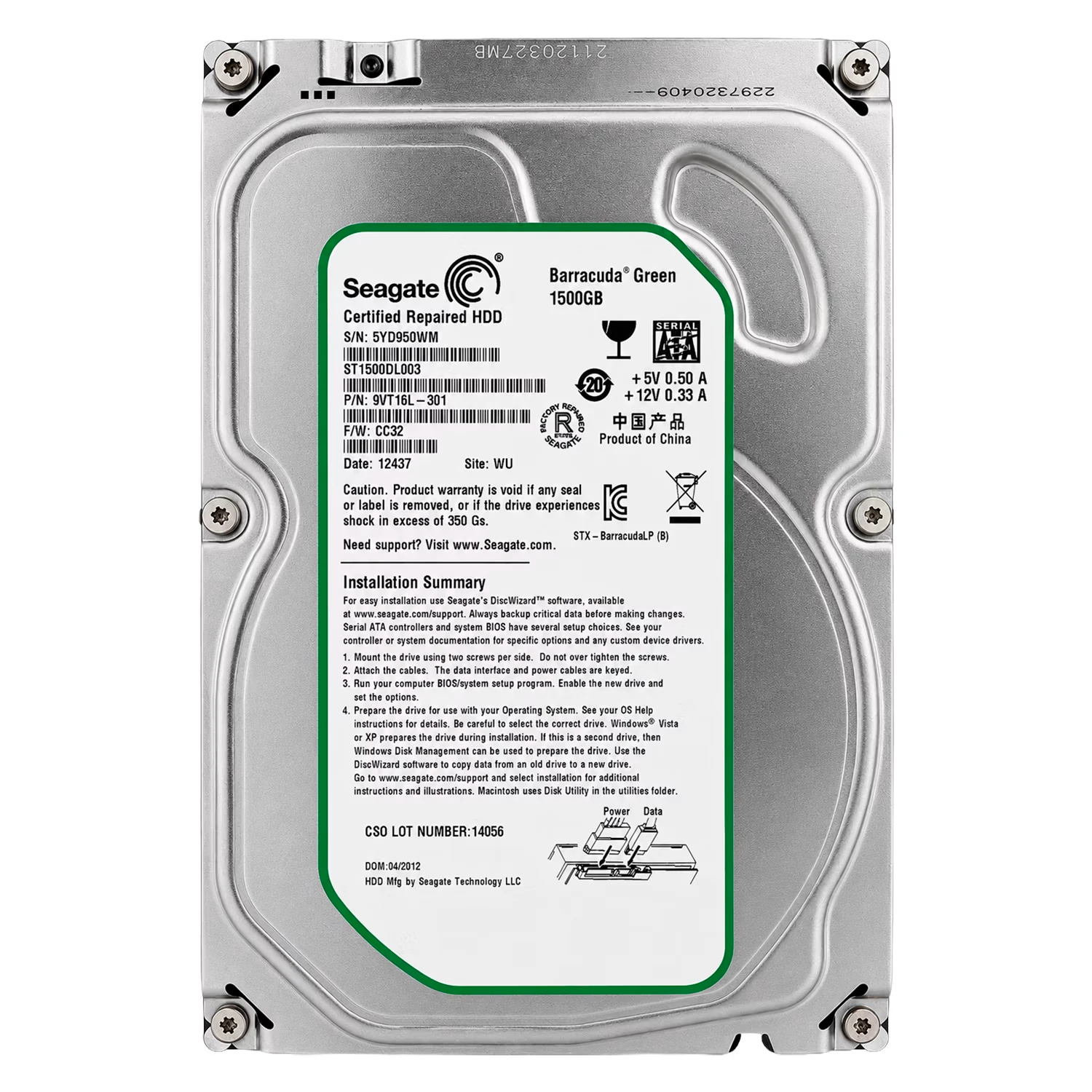 HD Seagate Barracuda Green Pull 1.5TB 3.5" SATA 2 5900RPM - ST1500DL003