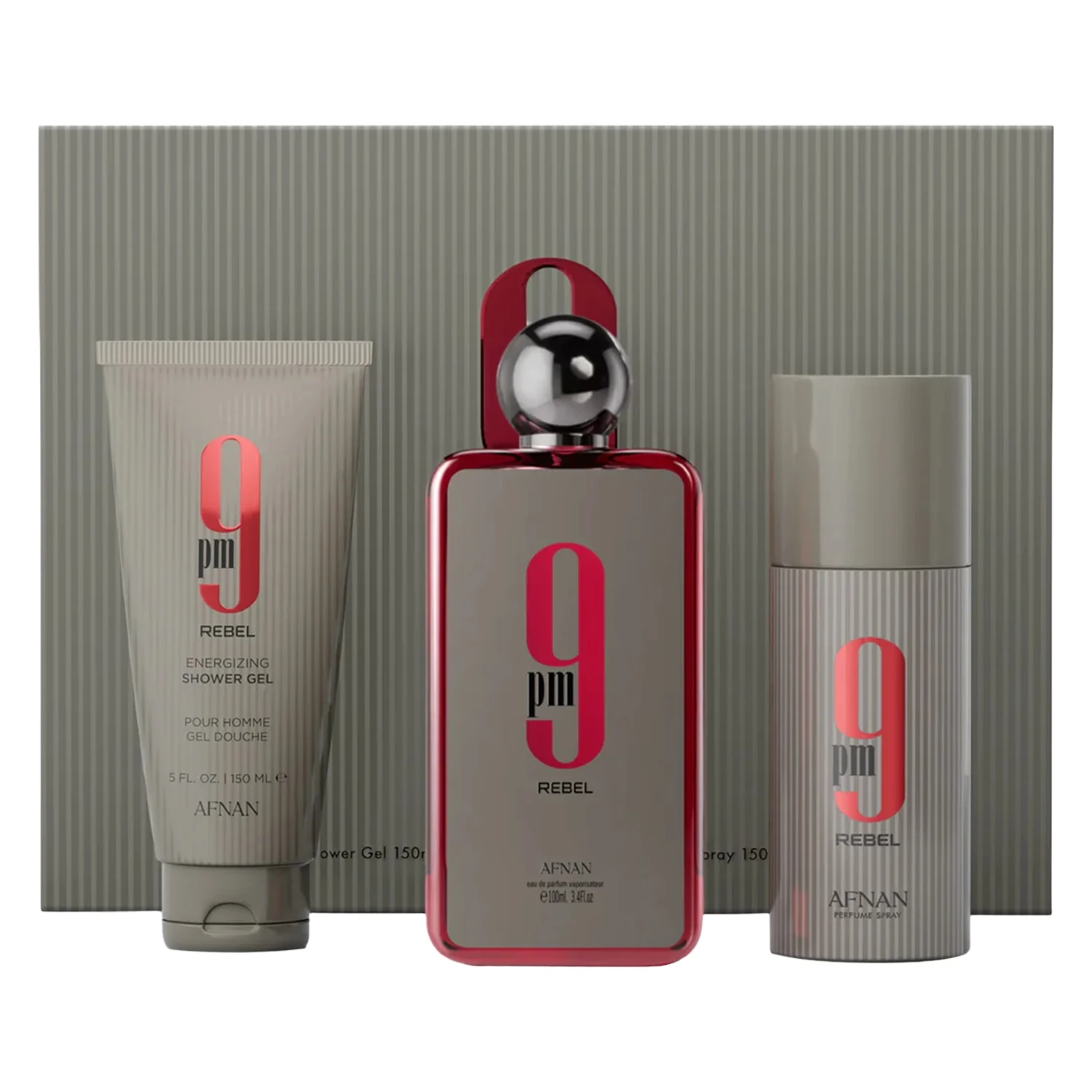 Kit Perfume Afnan 9 PM Rebel Eau de Parfum Masculino 100ml + Shower Gel + Body Spray