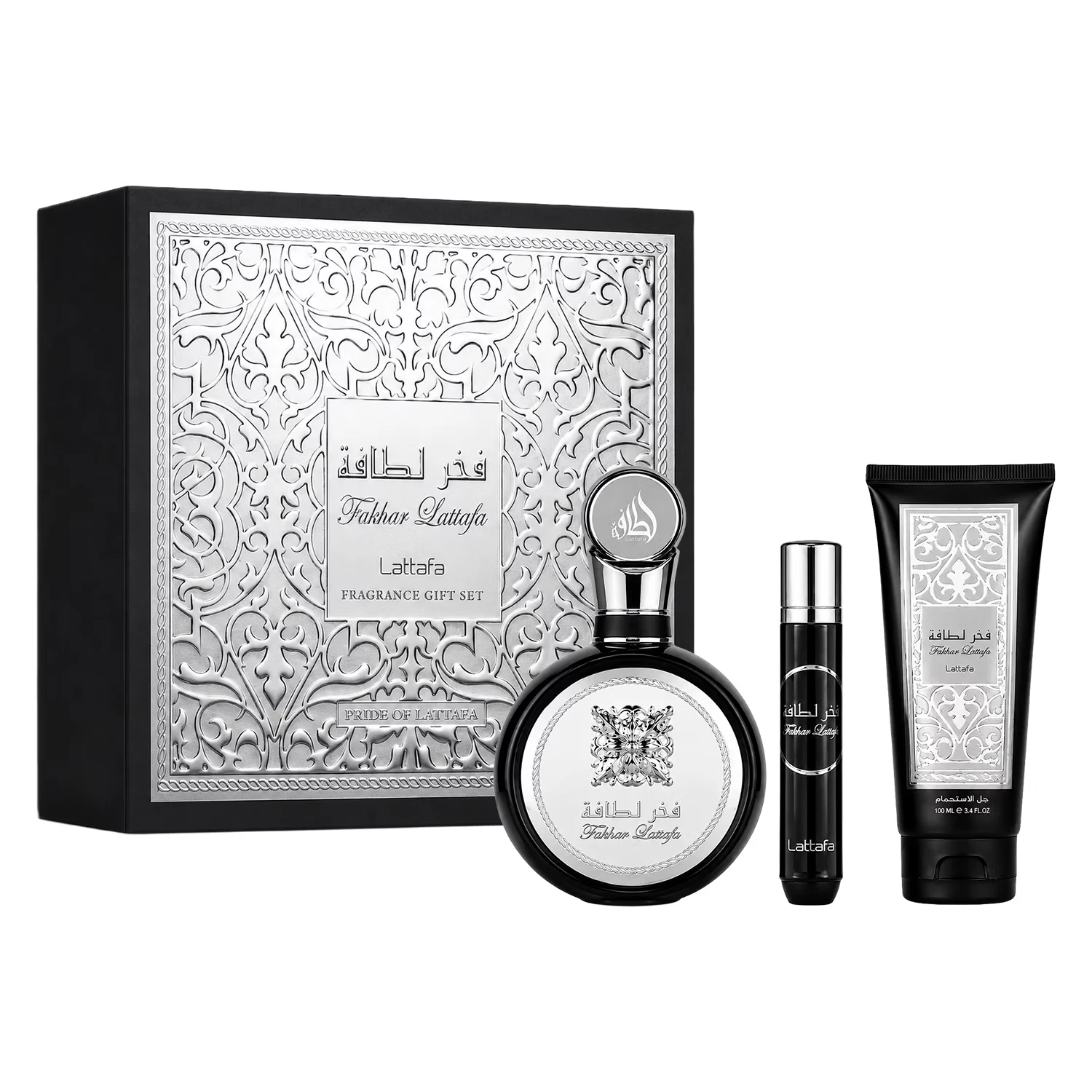 Kit Perfume Lattafa Fakhar Gift Set Eau de Parfum Masculino 100ml + Perfume Miniatura + Shower Gel 100ml