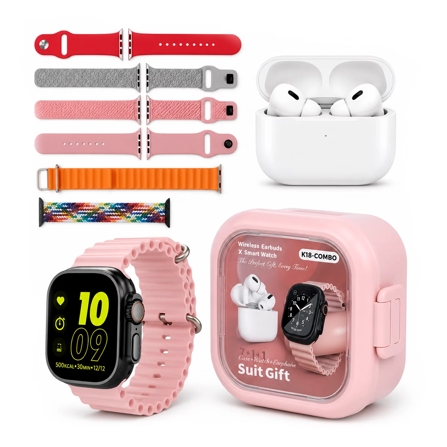 Kit Smartwatch K18 49mm + Fone de Ouvido + Capa - Rosa