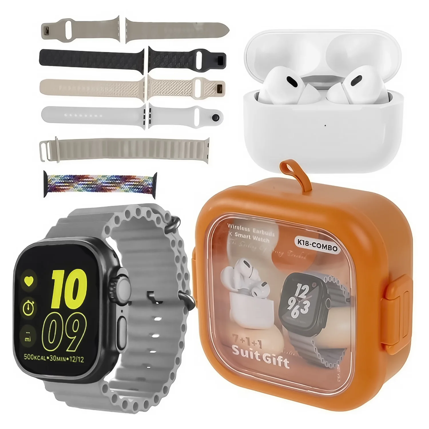 Kit Smartwatch K18 49mm + Fone de Ouvido + Case Laranja