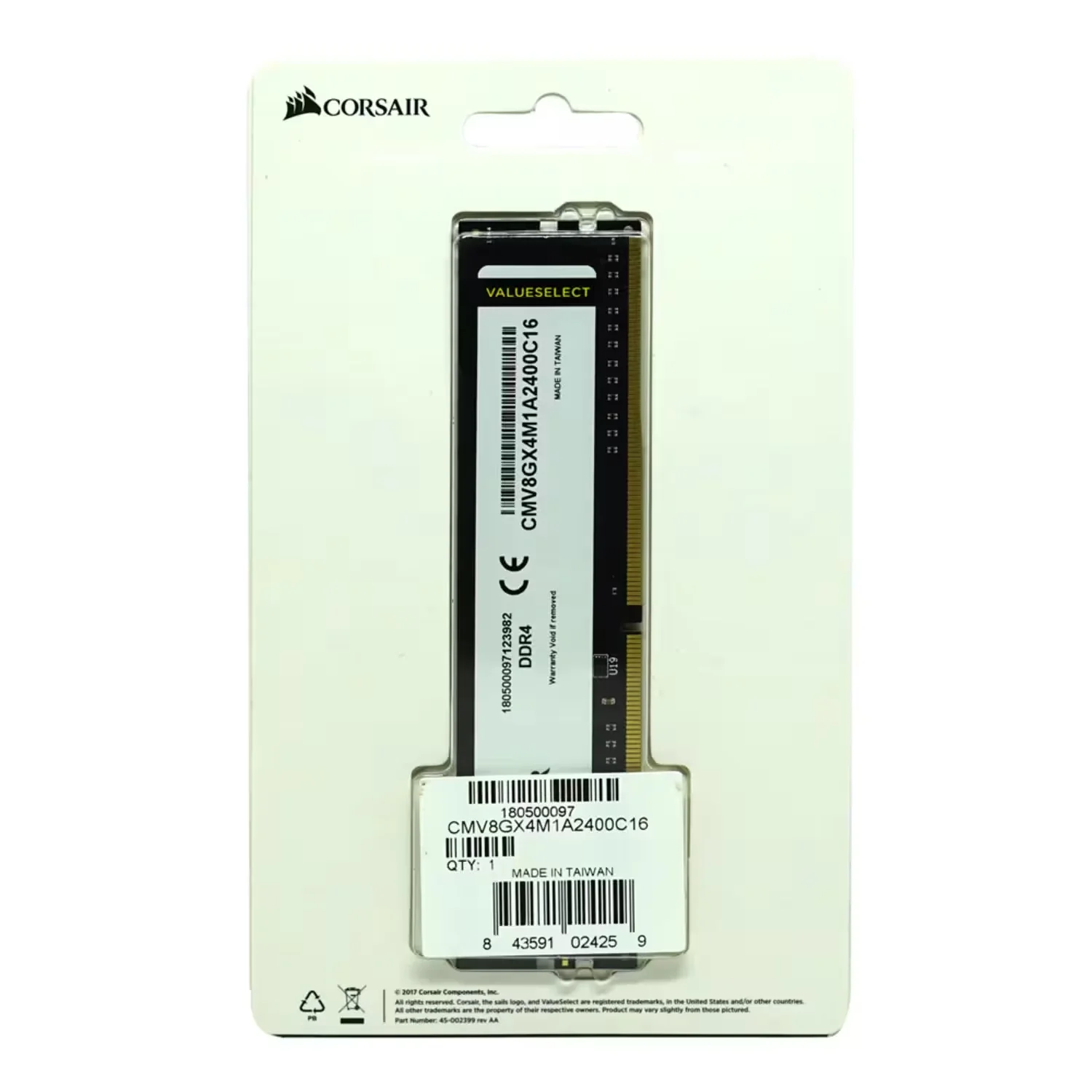 Memória RAM Corsair ValueSelect 8GB DDR4 2400 MHz - CMV8GX4M1A2400C16
