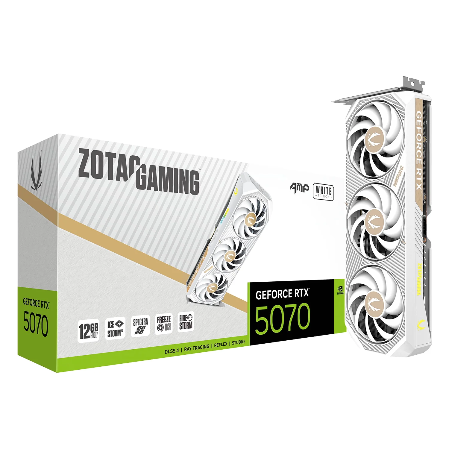 Placa de Vídeo Zotac AMP White Edition NVIDIA GeForce RTX-5070 12GB GDDR7 - ZT-B50700FQ-10P