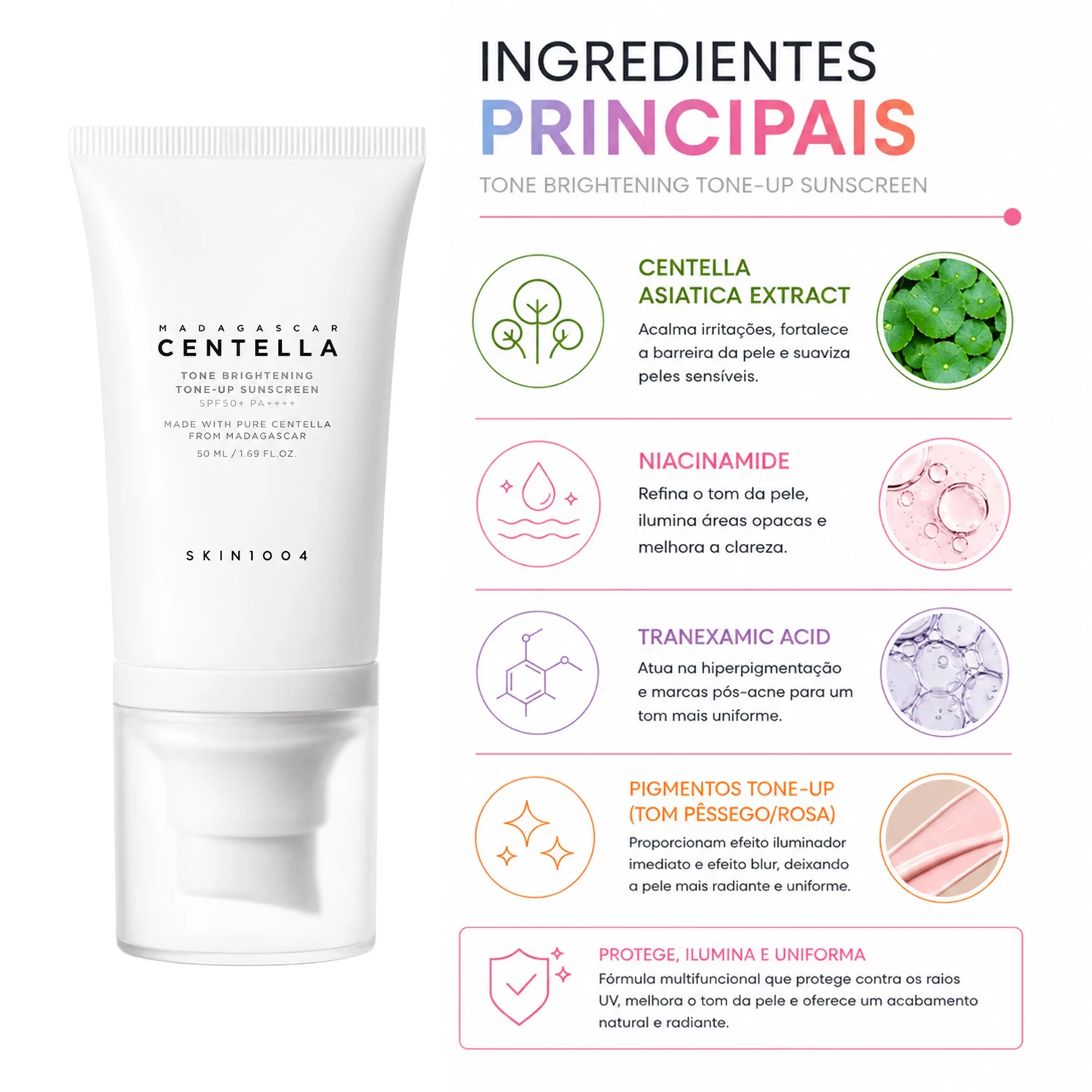Protetor Solar Facial SKIN1004 Madagascar Centella Tone Brightening Tone-Up FPS 50+ 50ml